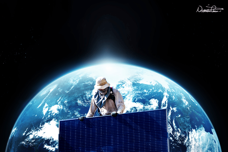 A man installing a solar panel in space