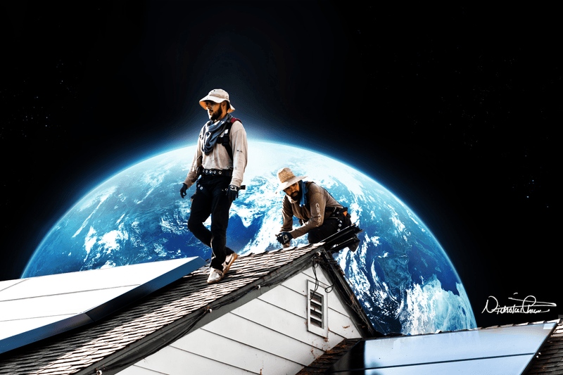 Two men installing solar panels on a roof in space