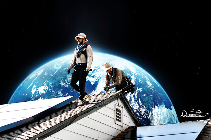 Two men installing solar panels on a roof in space